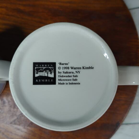 Set of 2 Vintage Warren Kimble 1998 Barns Mugs by Sakura Red Barn Blue Sky - Picture 8 of 9